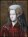 Countess of Charolais (daughter of King Charles VII of France and Marie of Anjou, wife of Charles of Burgundy, count of Charolais (future duke Charles the Bold), bust-length, in a red fur-trimmed mantle and a richly embroidered headpiece with a white veil