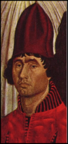 Portrait believed to be of Infante John, Lord of Reguengos de Monsaraz, Constable of Portugal. Detail from the fifth panel of the polyptych Adoration of Saint Vincent, attributed to Portuguese Renaissance painter Nuno Gonçalves, composed c.1470 (possibly as early as 1450s). Originally found at the monastery of São Vicente de Fora, now held by the National Museum of Ancient Art in Lisbon, Portugal. Date circa 1470