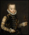 Ferdinand of Spain (1571-1578) was the son of Philip II of Spain and a half-brother of Archduchess Isabella. He still wears a skirt, so he must be about four years old. Coello trained in Brussels and spent much of his career in Philip's service. His portrait of Ferdinand in a green coat with a pet bird was in the king's estate; this is that painting or a version made for a relative such as Isabella.